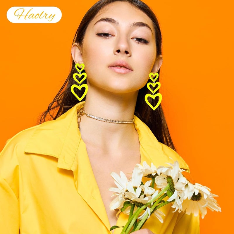 HOLYRY Neon Heart Earrings for Women Acrylic Neon Earrings 80s 90s Outfit for Women Glow Party Accessories Gifts Hot Pink Orange Green Yellow - Image 4